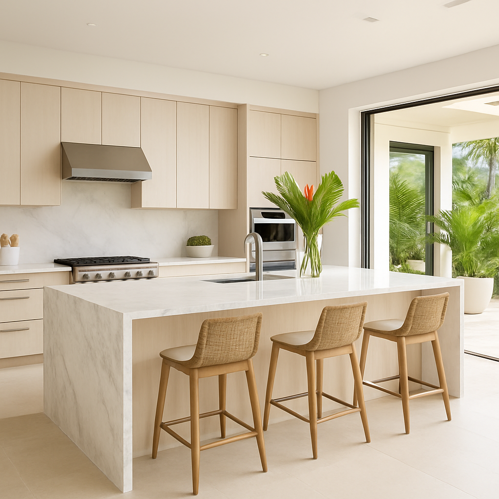 Modern villa kitchen with marble island