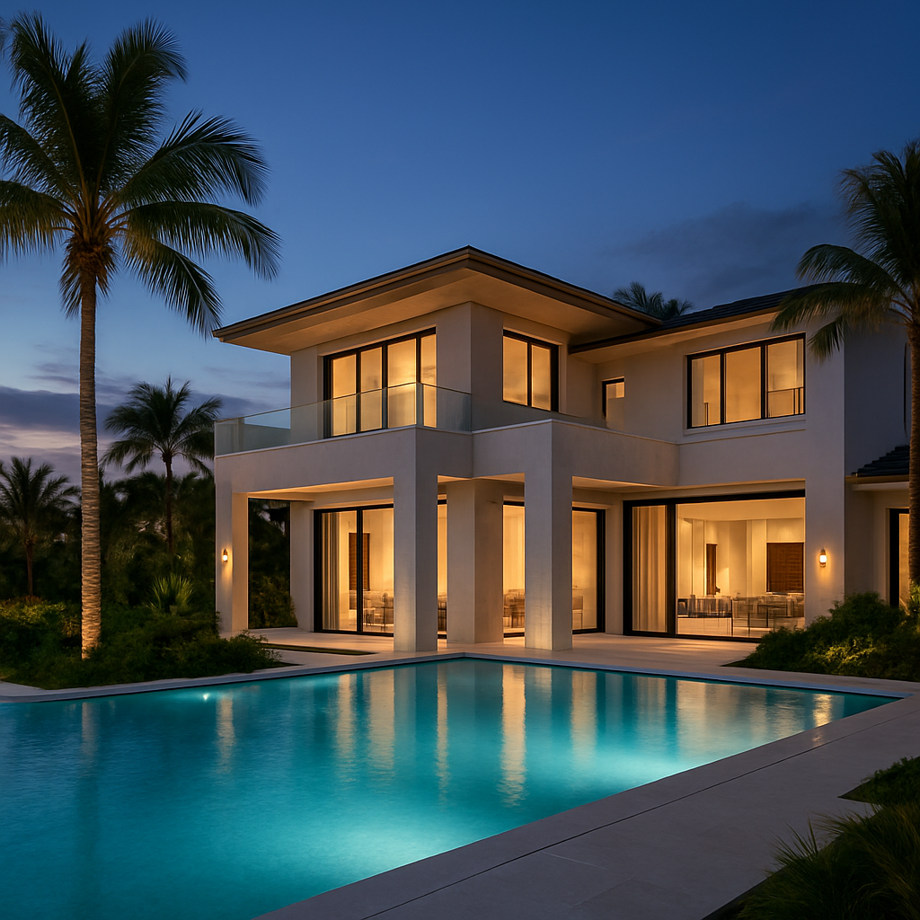 Sunflower Escape villa exterior at dusk with infinity pool